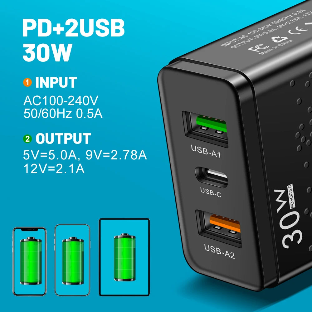 3 Ports 30W USB C Charger PD 30W USB Type C Charger Mobile Phone Chargers Adapter For iPhone Xiaomi Samsung Huawei Power Supply
