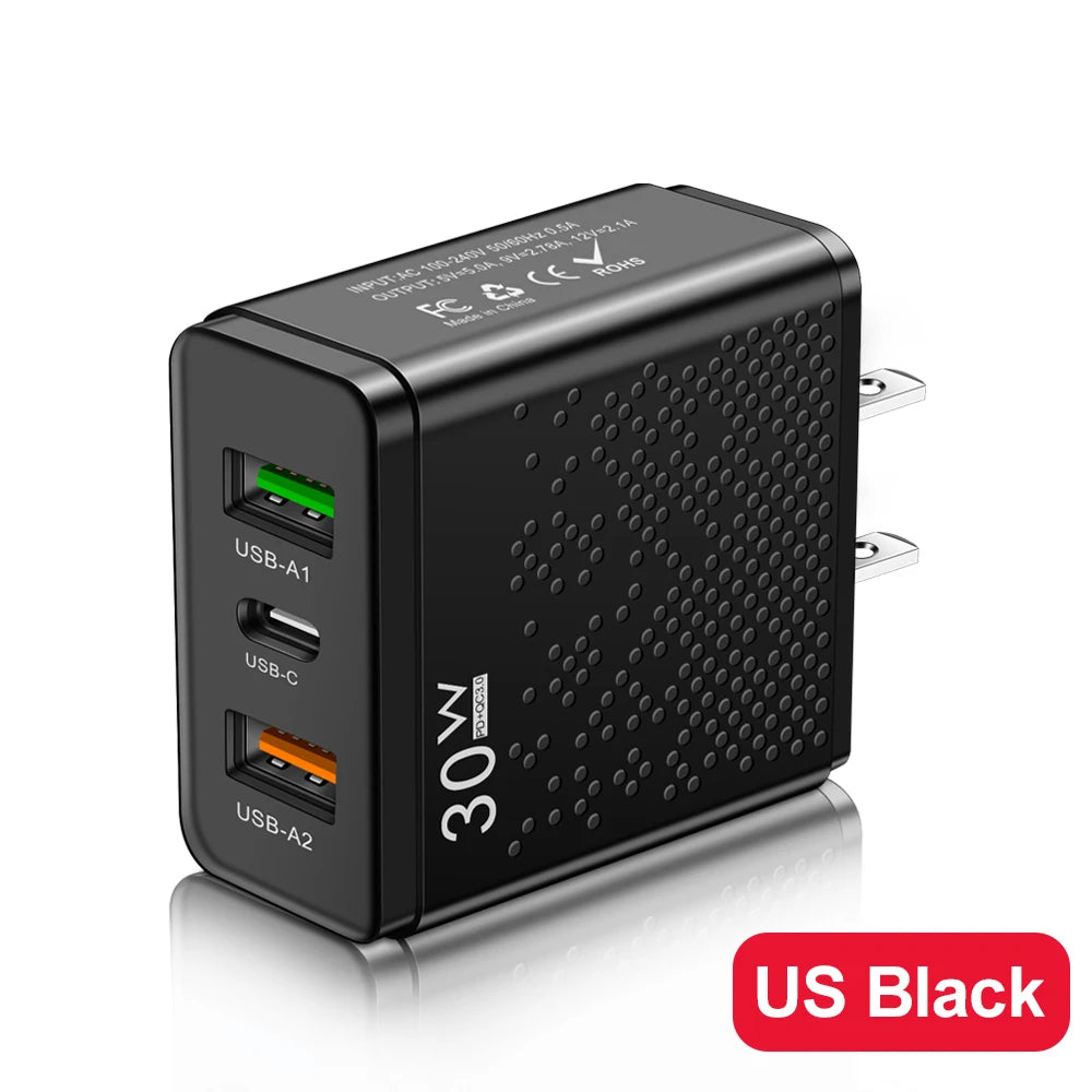 3 Ports 30W USB C Charger PD 30W USB Type C Charger Mobile Phone Chargers Adapter For iPhone Xiaomi Samsung Huawei Power Supply