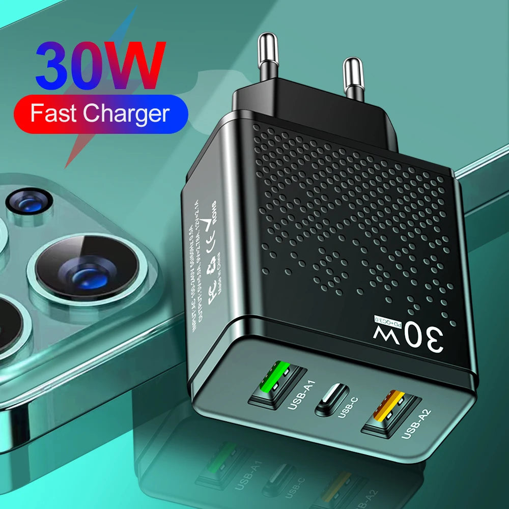 3 Ports 30W USB C Charger PD 30W USB Type C Charger Mobile Phone Chargers Adapter For iPhone Xiaomi Samsung Huawei Power Supply