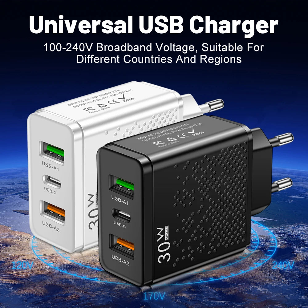 3 Ports 30W USB C Charger PD 30W USB Type C Charger Mobile Phone Chargers Adapter For iPhone Xiaomi Samsung Huawei Power Supply