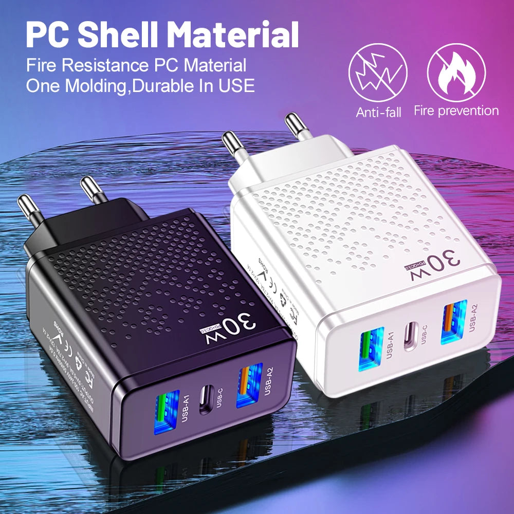 3 Ports 30W USB C Charger PD 30W USB Type C Charger Mobile Phone Chargers Adapter For iPhone Xiaomi Samsung Huawei Power Supply